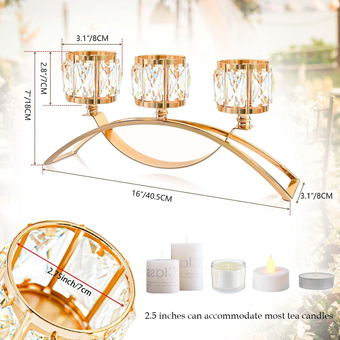 KEHAIL 3 Arms Crystal Candle Holders, Arch Candlestick Table Candelabras Centerpieces for Wedding, Dinning Room, Cabinet Ornaments, Home Decoration， Gift (3-arm Arched, Gold)