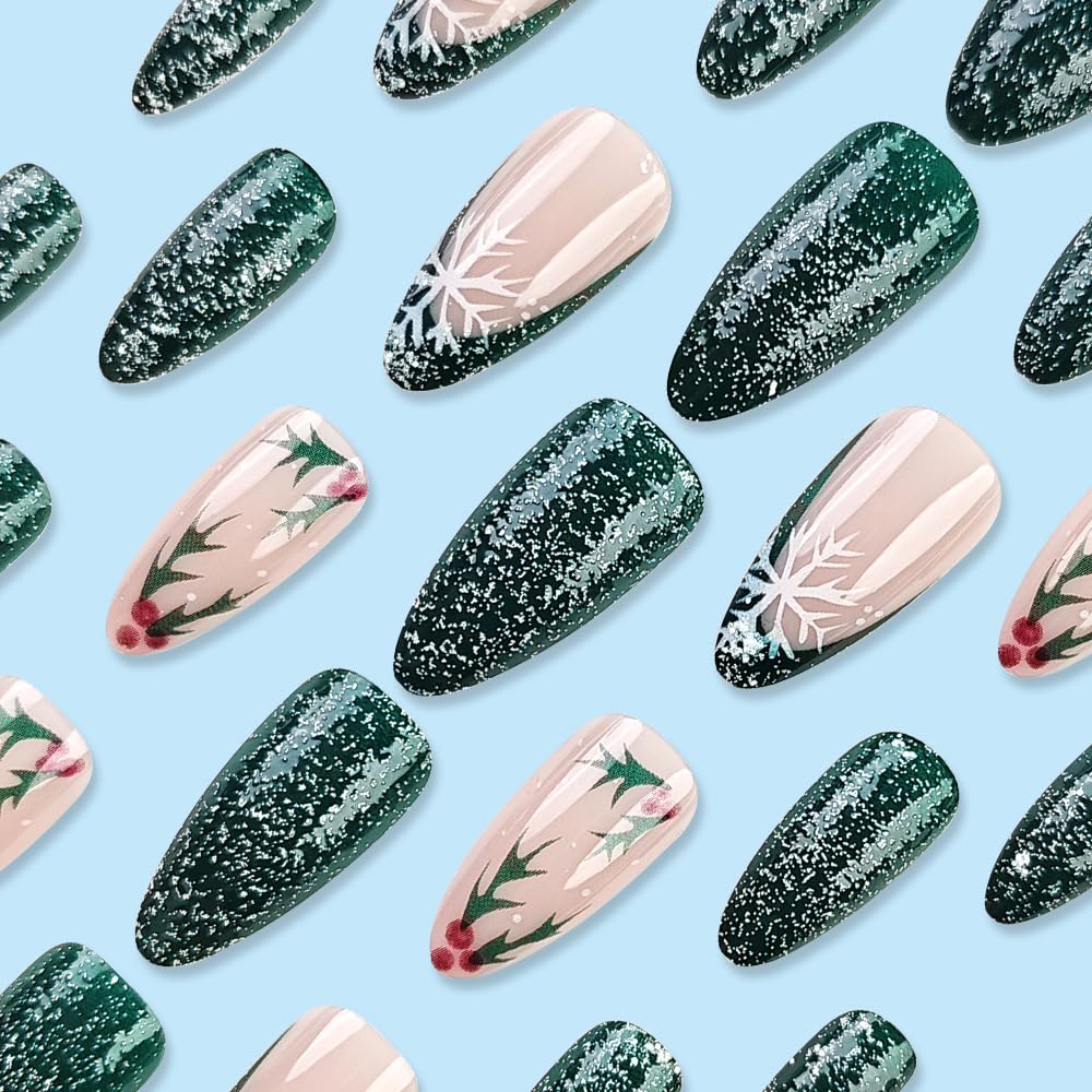 24Pcs Christmas Green Press on Nails Stiletto Almond Fake Nails Snowflake Designs Christmas False Nails Cute Flower Gradient Stick on Nails Full Glitter Glue on Nail for Women Manicure Art