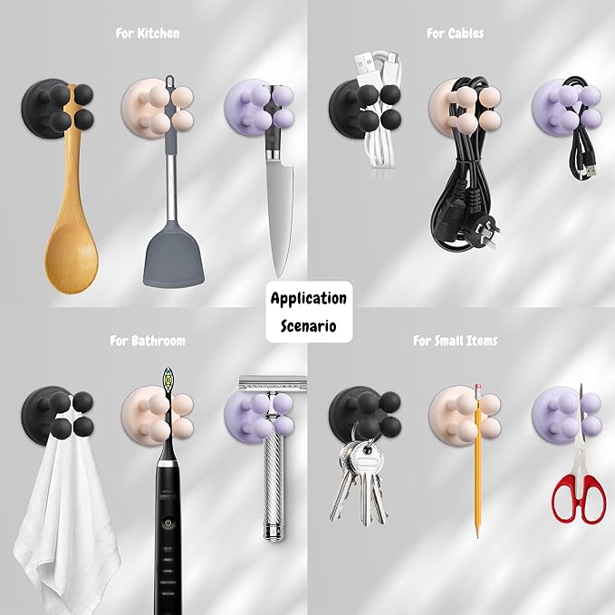 4Pcs Silicone Toothbrush Holders for Bathrooms,Waterproof Self Adhesive Multifunctional Hook for Hanging Towel Key Plug Cable for Bathroom Kitchen Living Room Office PurpleWhitePinkBlack