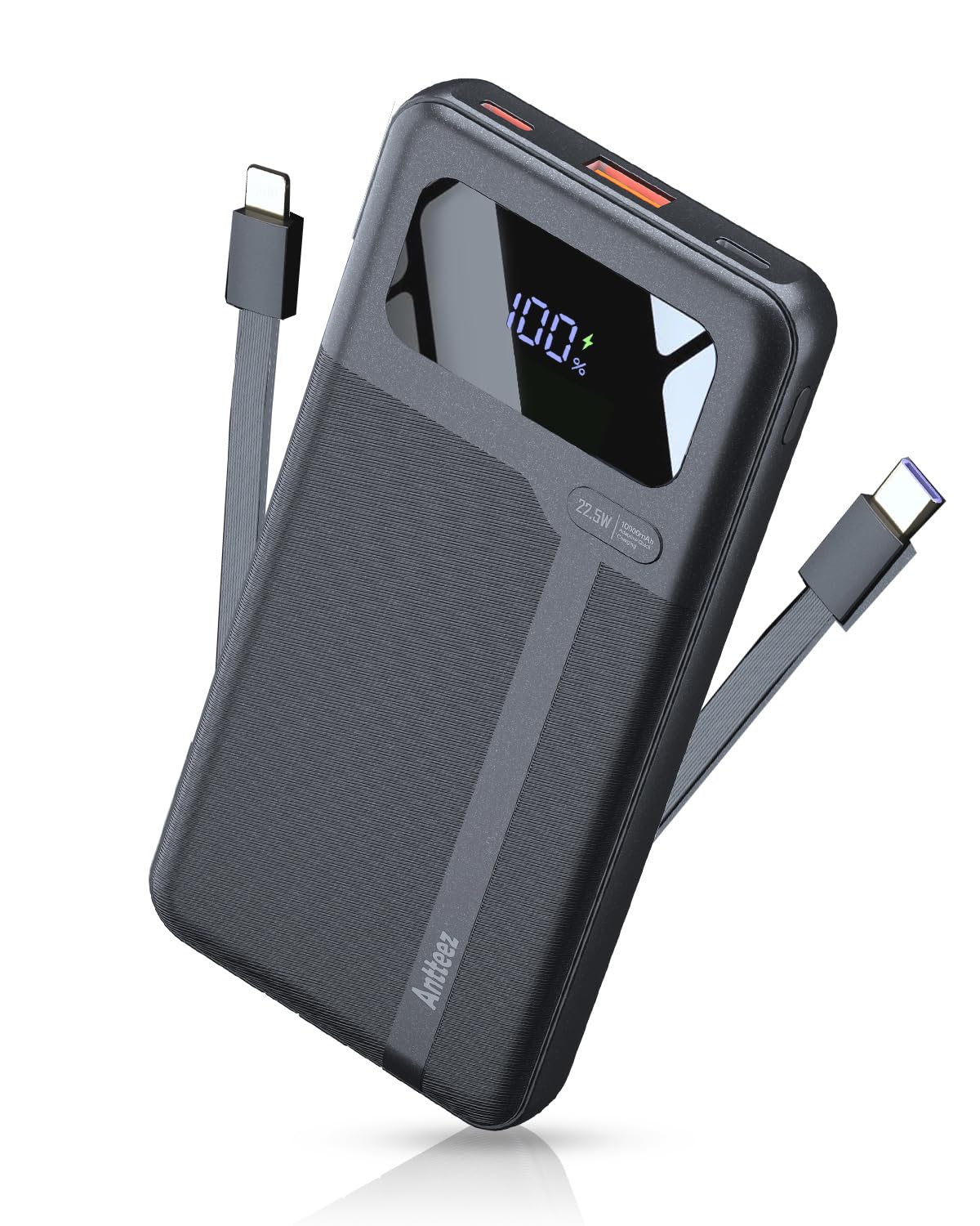 Antteez Portable Charger with Built in Cable - 10000mAh Fast Charging 22.5W Power Bank USB C LED Display Travel Battery Pack 4 Outputs & 2 Inputs for iPhone Samsung iPad Phones Tablets