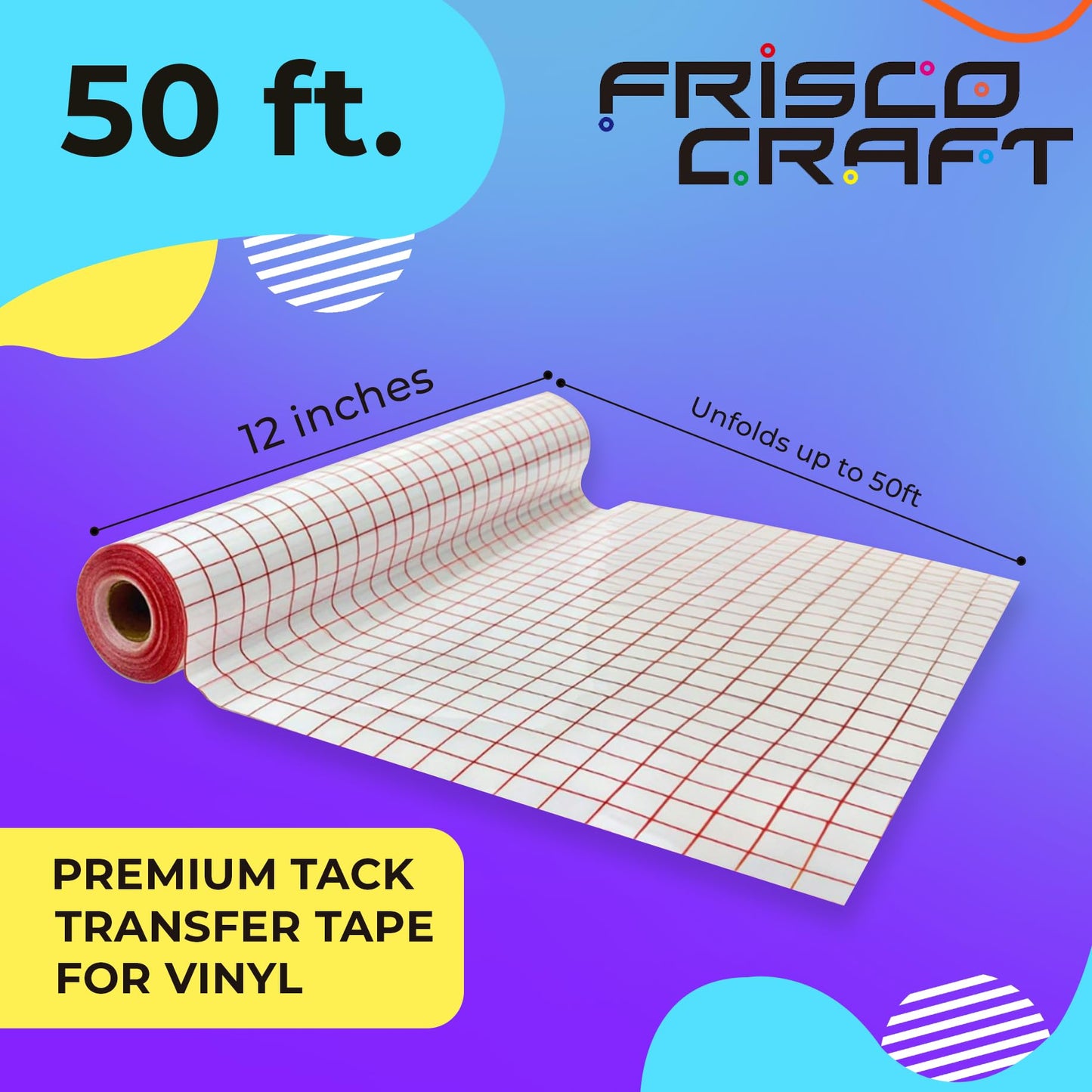 Frisco Craft Premium Tack Transfer Tape for Vinyl - with Alignment Grid & Paper Backing - Perfect for Self Adhesive Vinyl for Signs, Decals, Holographic & More (Red Grid, 12" x 50 ft)