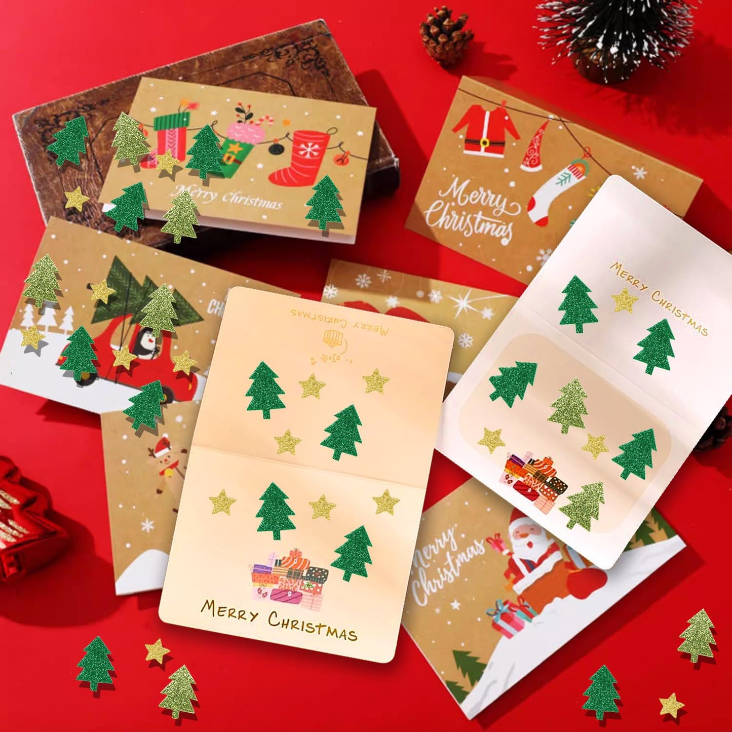 500 Pieces Christmas Glitter Foam Stickers - Self Adhesive Tree and Stars Shapes for Kids and Crafts