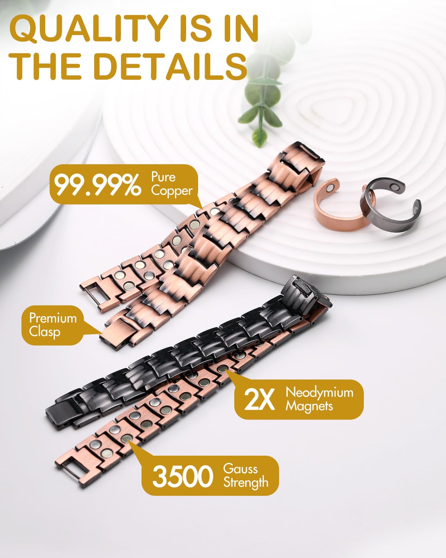 Feraco Men's Copper Magnetic Bracelet and Ring Elegant 99.99% Solid Copper Bracelets with Double-Row Strong Magnets, Magnetic Field Therapy Jewelry(Black)