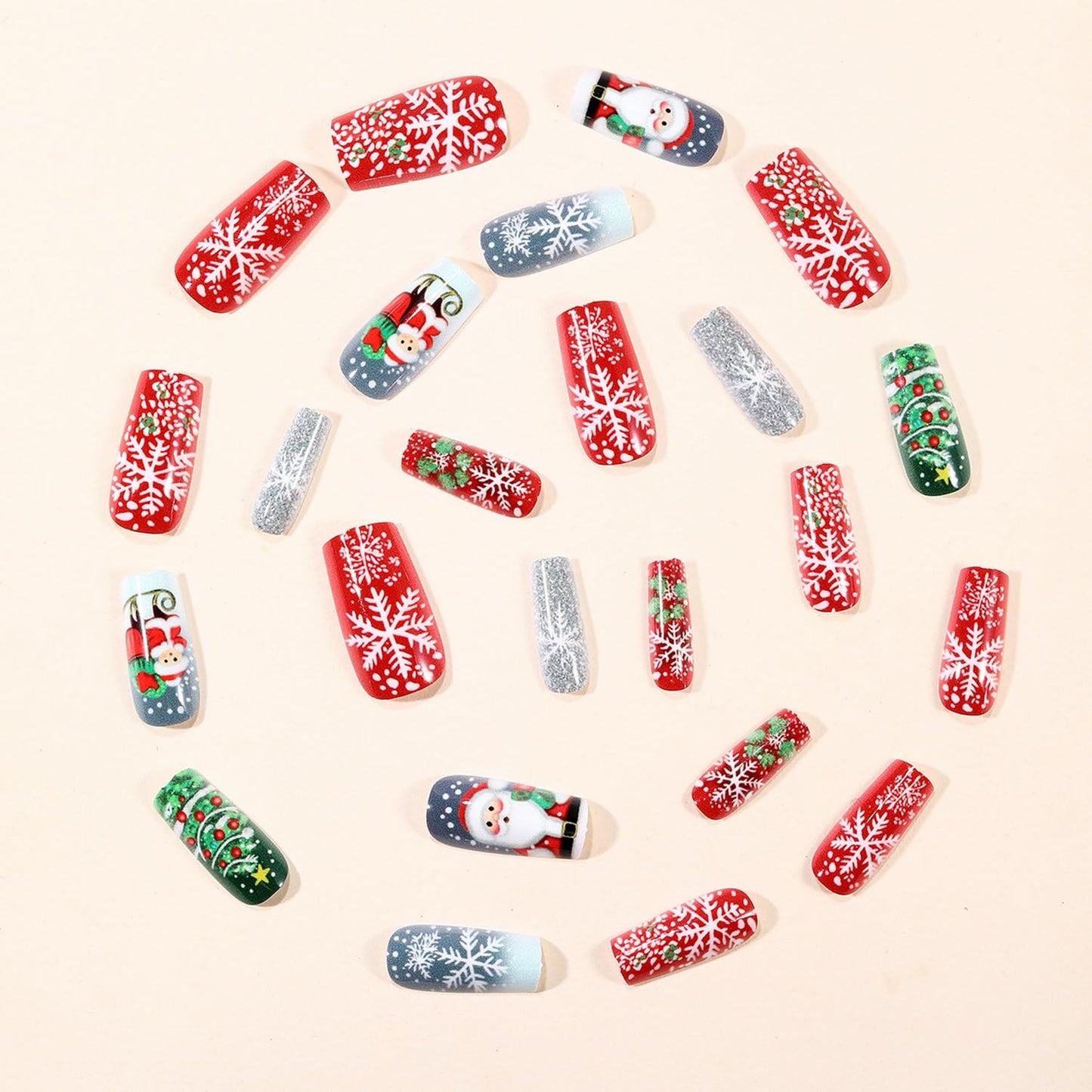 Christmas Press on Nail Long Coffin Fake Nails with designs Acrylic Stick on Nail Snowman Snowflake Christmas Tree designs Holiday False Nails White Red Green Glue on Nails for Women Holiday Decor