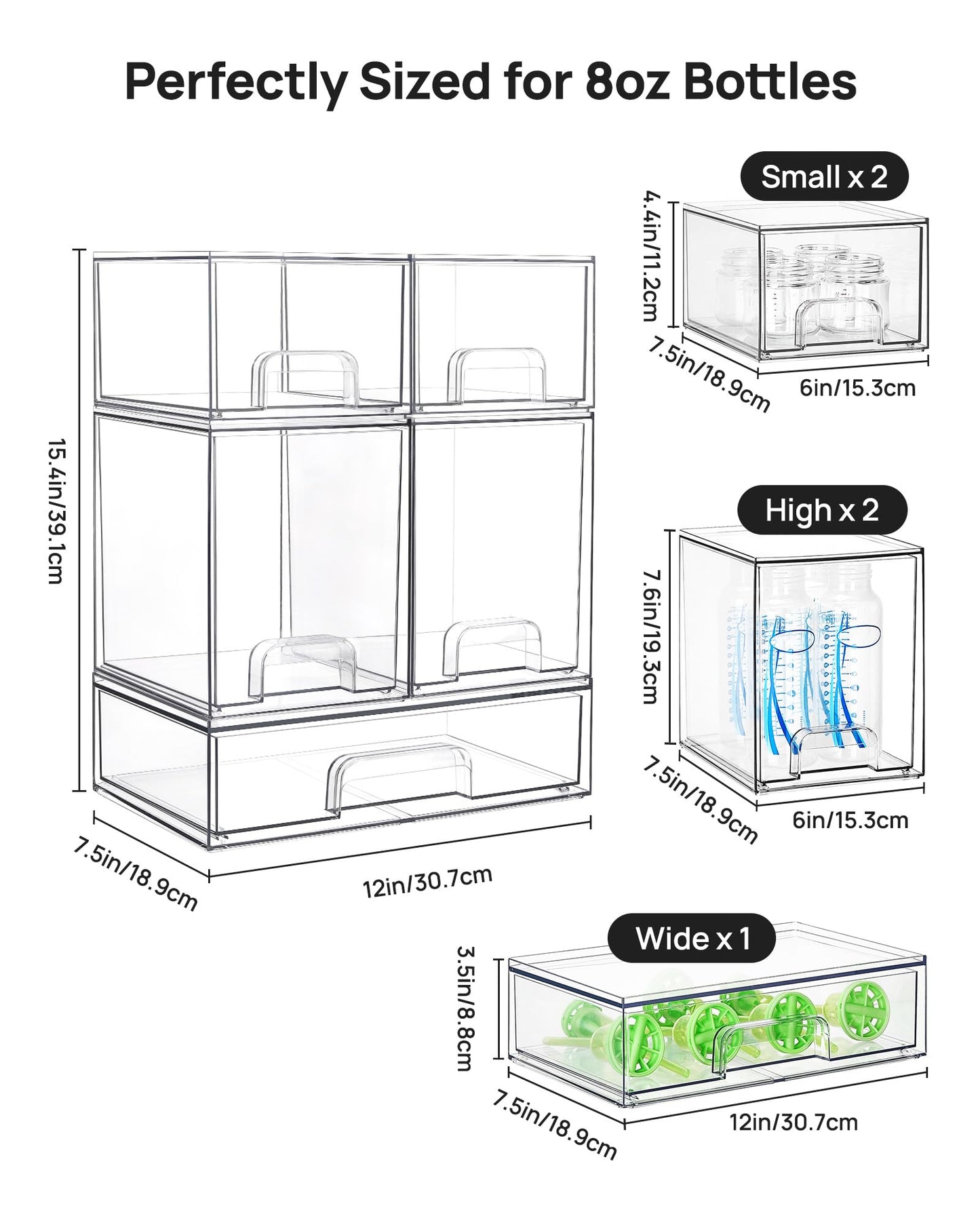 Vtopmart Stackable Storage Drawers Set of 5, Clear Plastic Organizer Bins for Baby Bottle, Beauty Supplies Storage, Ideal for Kichen Countertop, Vanity, Bathroom, Cabinet, Pantry Organization