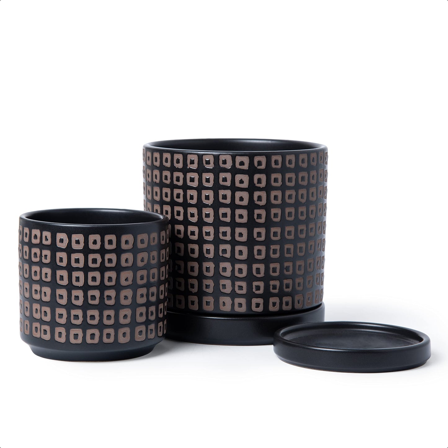 D'vine Dev Set of 2 Ceramic Planter Pots with Drainage Hole and Saucer, 4.5 Inch 6 Inch Plant Pots for Plants Indoor Houseplants, Black, 99-A-2