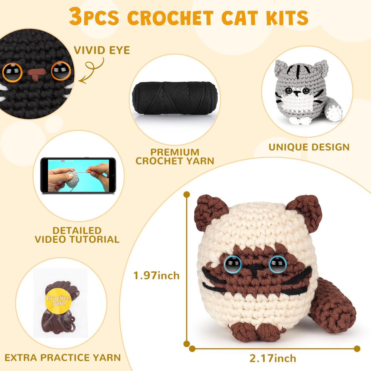 Fortuning's JDS Crochet Kit for Beginners, Cat Crochet Kit for Adults Beginner, Complete DIY Crochet Starter Kit with Step-by-Step Video Tutorials, Easy Knitting Kit Cat Crochet Gifts