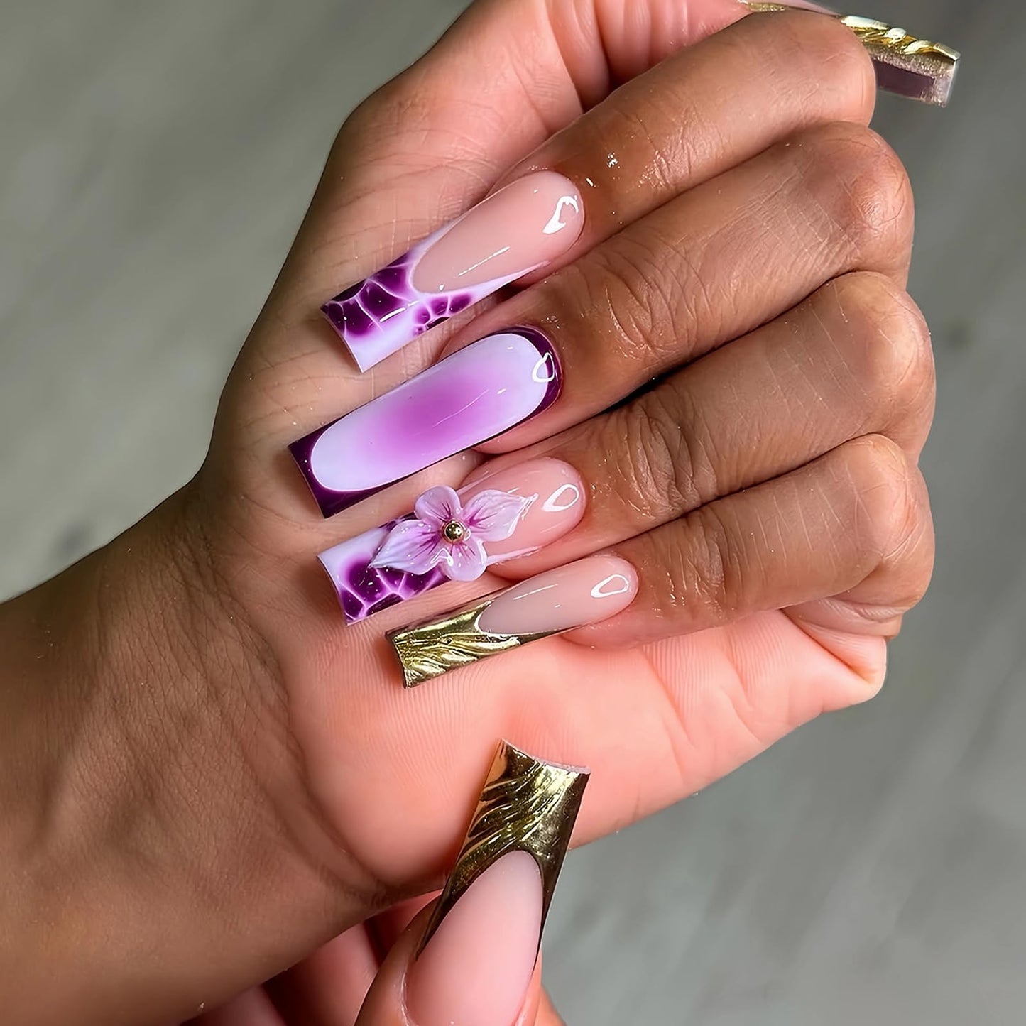MISUD Press on Nails - Long Square Glue on Nails with Purple Flower, Acrylic Gold Chrome Design 24 pcs