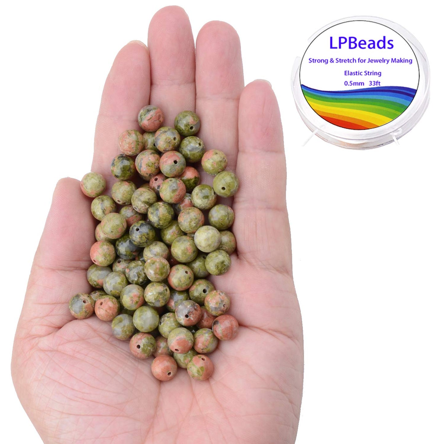 LPBeads 100PCS 8mm Natural Unakite Beads Gemstone Round Loose Beads for Jewelry Making with Crystal Stretch Cord