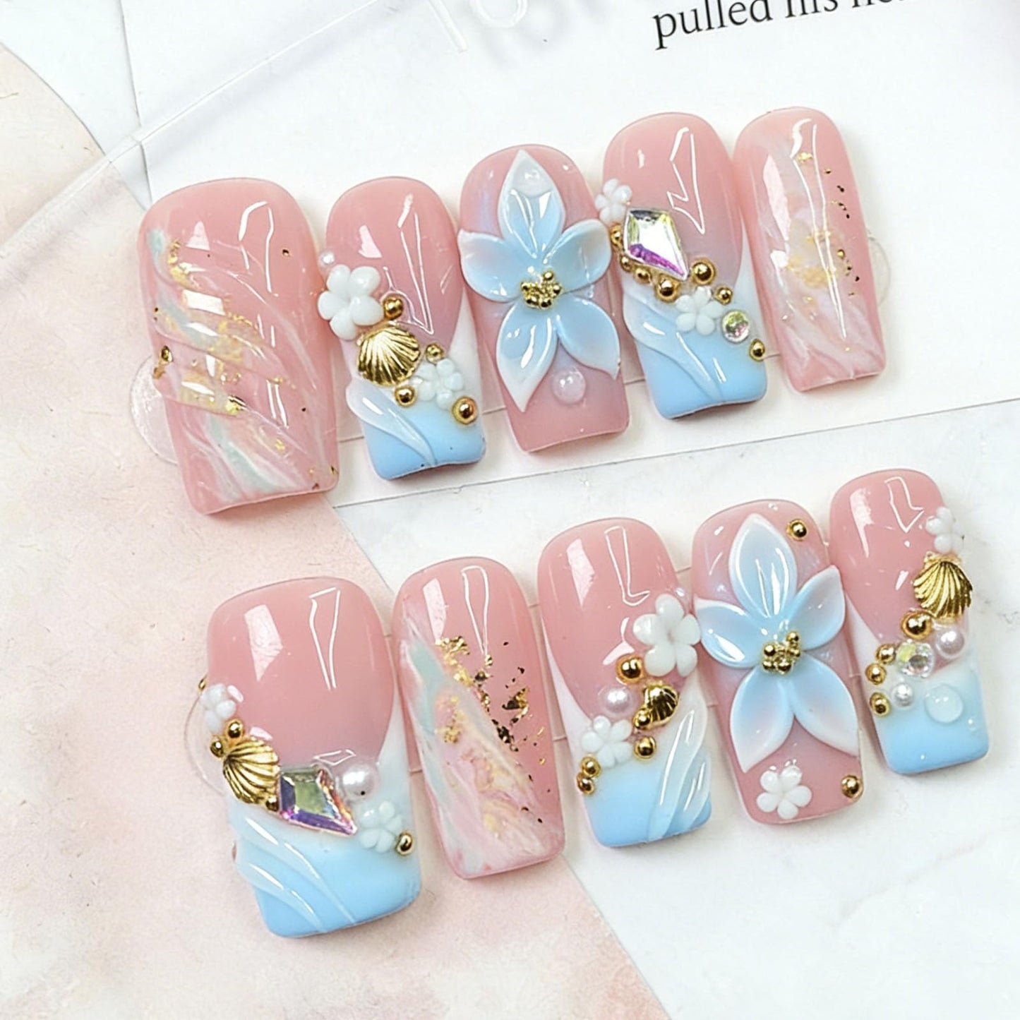 10 Pcs Handmade Press on Nails Medium Square Fake Nails with Blue 3D Flower Pearl Shell French Tip Design False Nails Pink Acrylic M Size Press Ons Nails Square for Women Nail Art