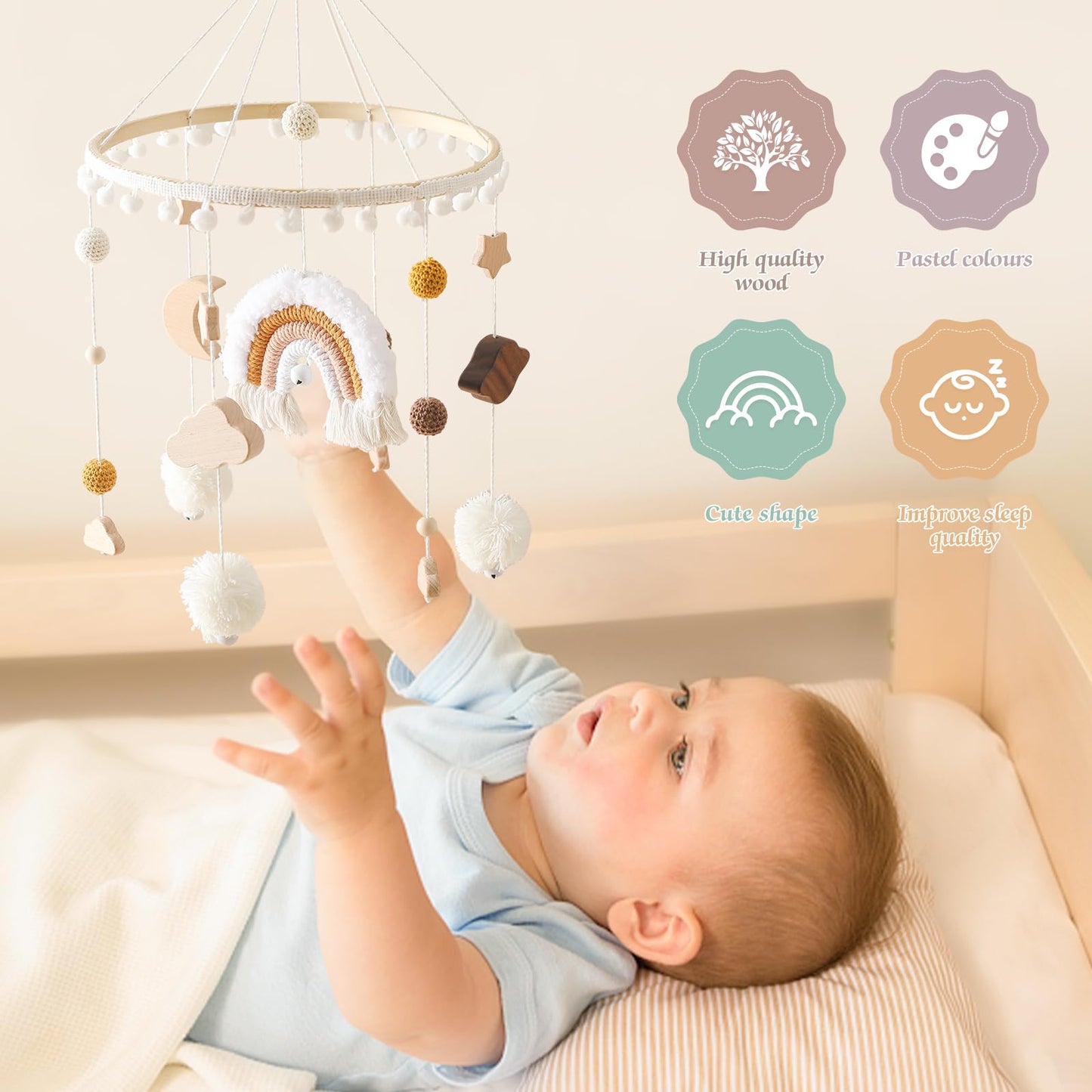 let's make Baby Crib Mobile for Boys Girls Rainbow Nursery Mobile Gender Neutral Hand-Crocheted Mobile Ceiling Mobile - Rainbow, Clouds, Moon