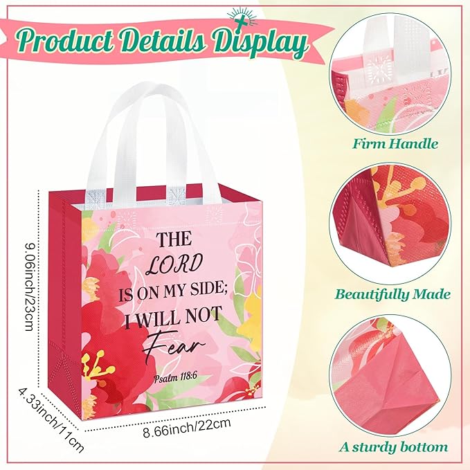 HunnmingRe 64 Pcs Christian Gift Bags Bulk, Easter Reusable Flower Religious Bible Verse Tote with Handles Non Woven Scripture Pastor Blessing Gift for Baptism Church Wedding Favors