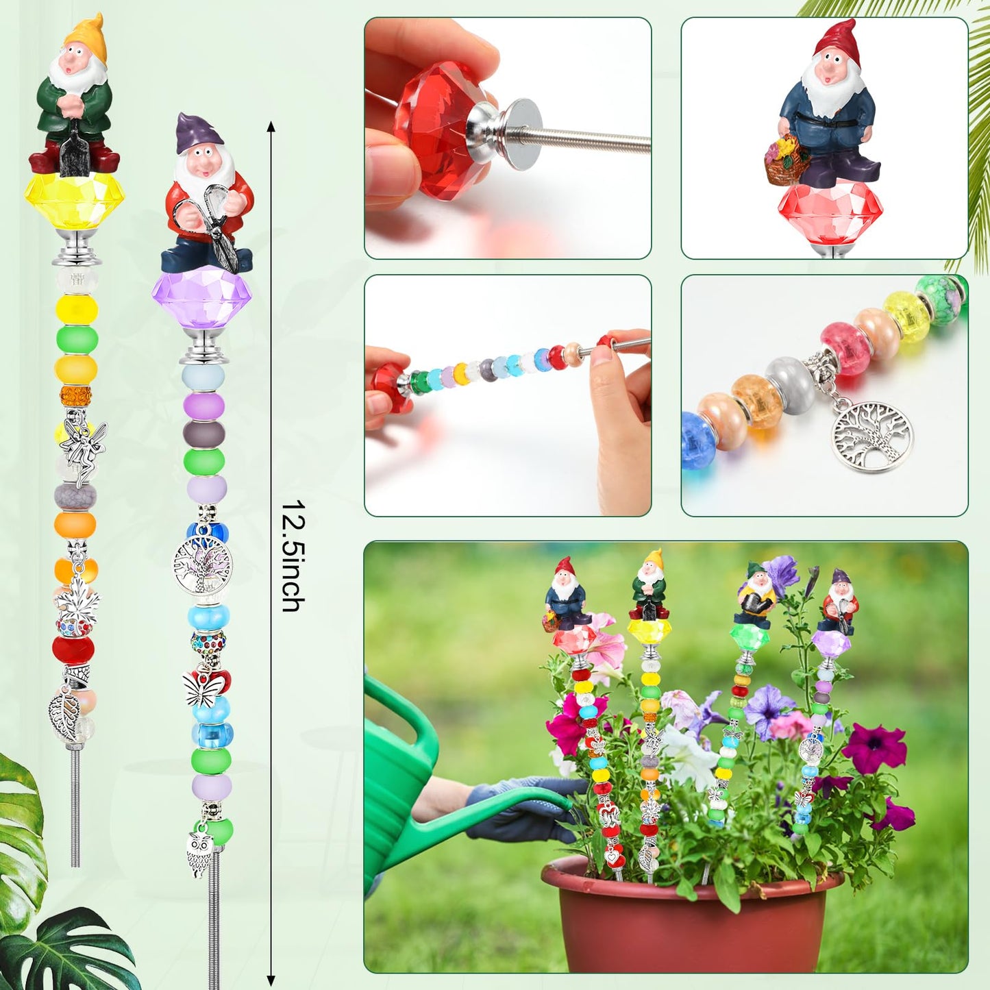 Lineshading 95 Pcs Gnome Garden Stakes Fairy Wand Garden DIY Beaded Stakes Decor 4 Crystal Stopper Top 4 Gnome 64 Large Hole Beads 15 Silver Pendants 4 Threaded Rods 4 Pcs Nuts, for Craft Supply