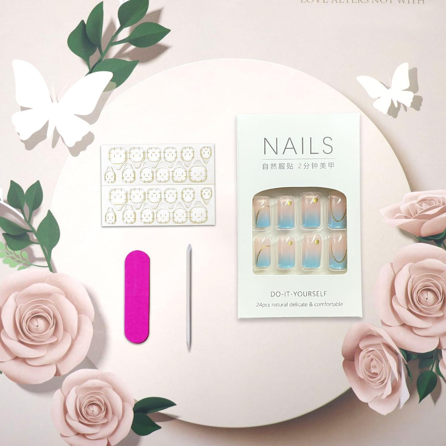 Blue Gradient Press on Nails with Gold Glitter Fake Nails Medium Square Acrylic Glue on Nail Glossy Full Cover False Stick on Nail for Women DIY Artificial Manicure
