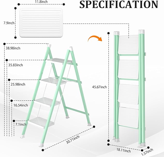 4 Step Ladder, Folding Step Stool with Anti-Slip Wide Pedal, Anti-Slip Feet, Sturdiest Steel Construction, Steel Ladder for Home and Office, Green White
