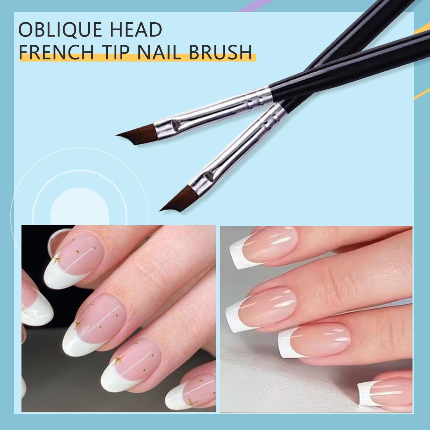 Oblique Head French Tip Nail Brush Black Handle UV Gel Acrylic Painting Drawing Pen Pack of 2