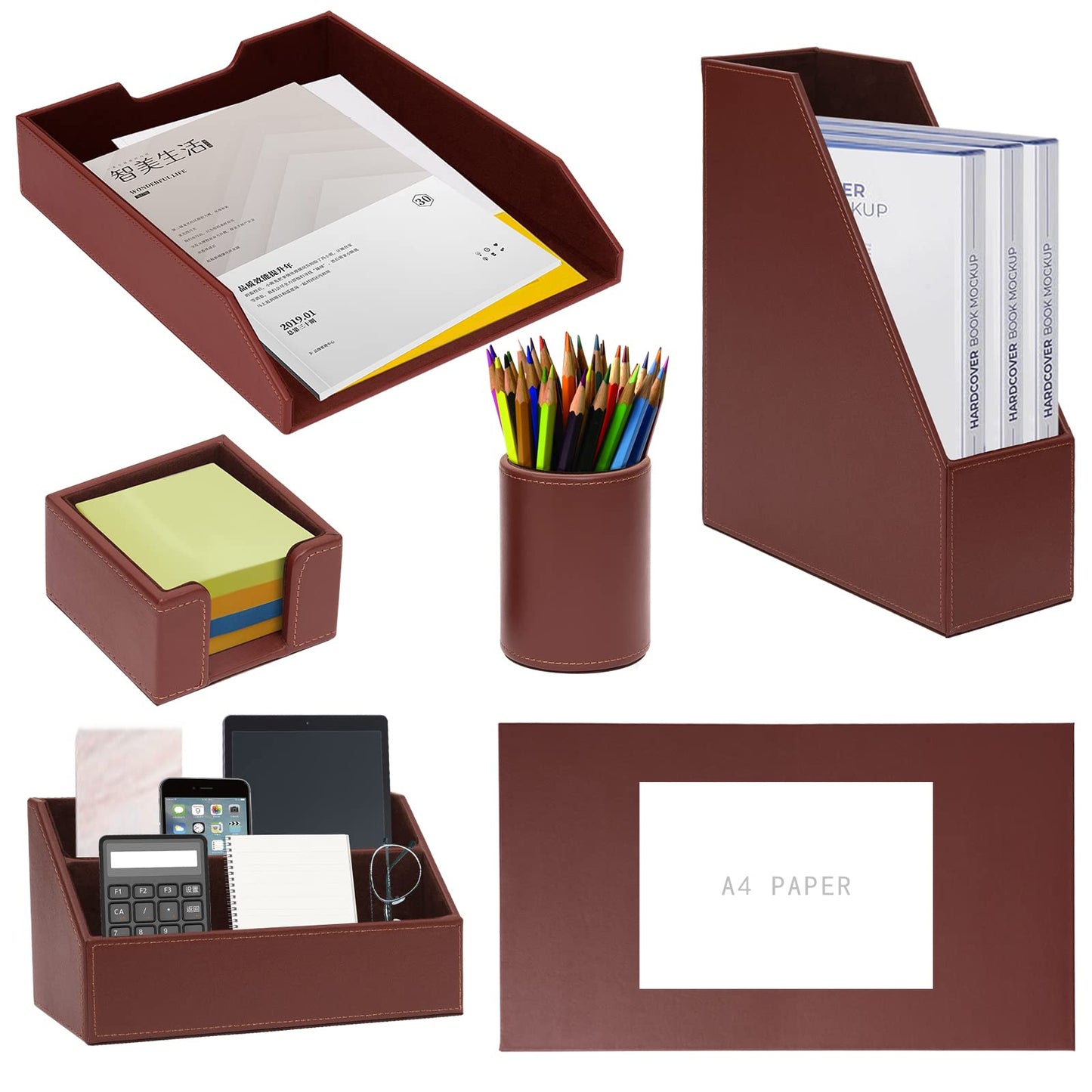 XNONE Office Supplies PU Leather 6-Piece Desk Organizer with Writing Pad, Letter Tray, File Folder Sorter, Pen Cup, Note Holder, Business Card Holder - Brown