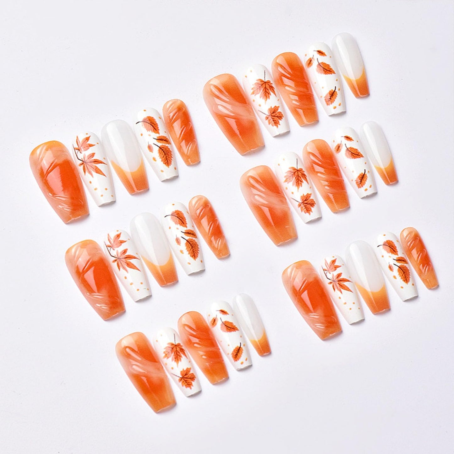 Fall Press on Nails Medium Square Fake Nails with Maple Leaves Dot Lines Designs Glossy Nails Press ons Orange French Tip Glue on Nails Autumn Acrylic Artificial Stick on Nails for Women 30Pcs