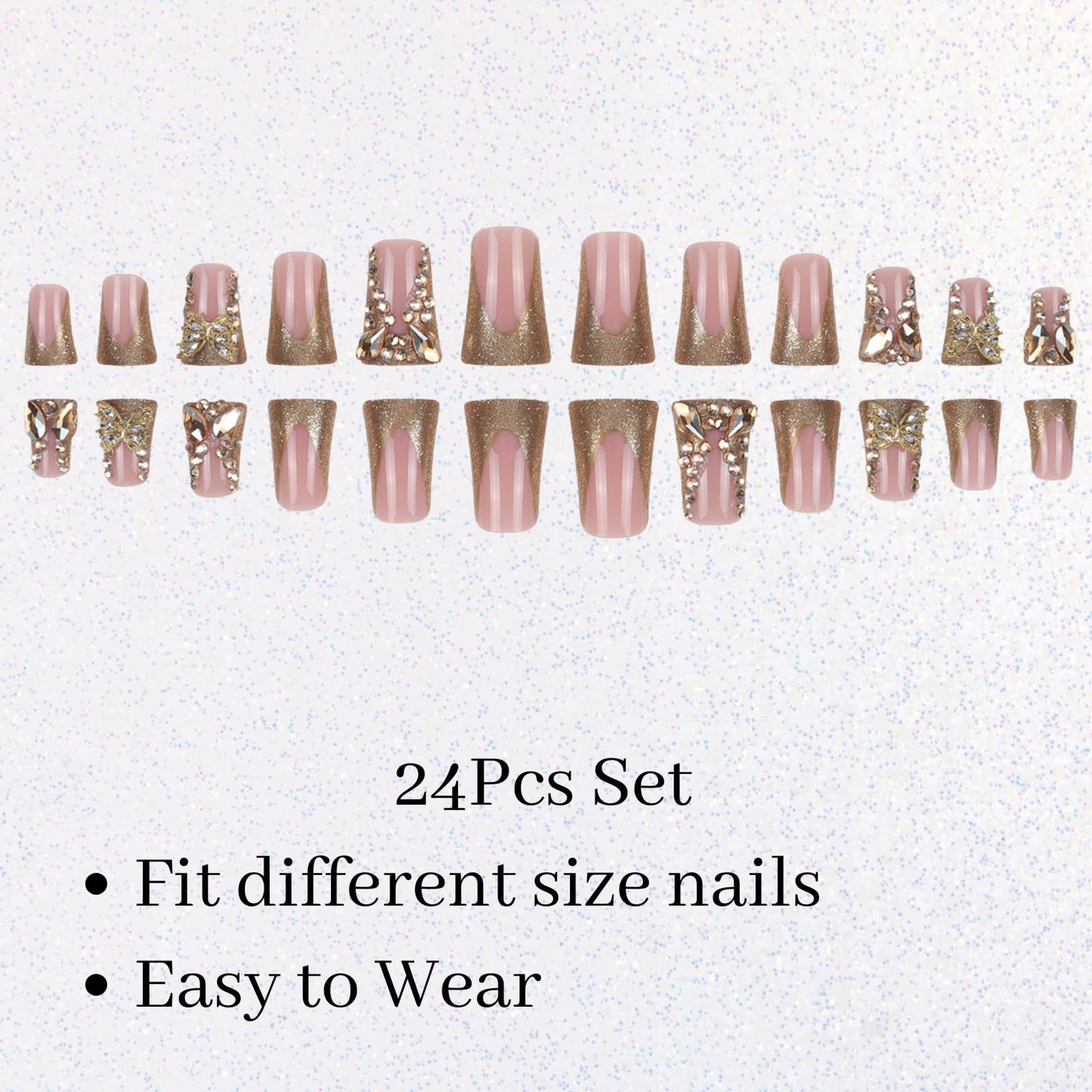 French Tip Junk Press on Nails Short Duck Square Fake Nails with Butterfly Charms Designs False Baddie Nails Cute Rhinestones Stick on Nails for Women 24Pcs (Designs, gold buterfly)