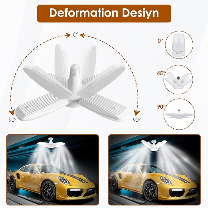 YWD 4Pack LED Garage Lights,60W Deformable Led Light 6000LM E26/E27 Daylight 6500K Super Bright Light Adjustable for Garage,Workbench,Barn,Warehouse