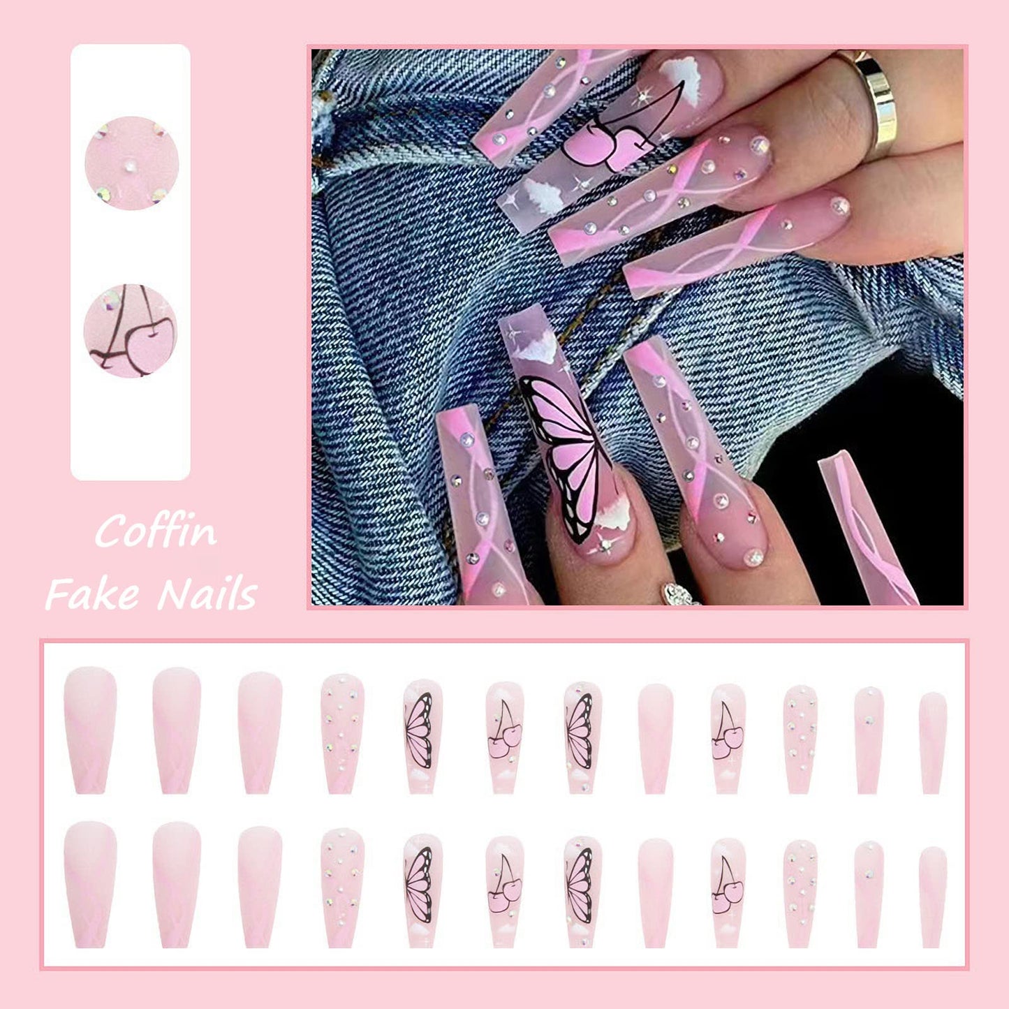 MISUD Press on Nails - Long Coffin Glue on Nails with Butterfly Rhinestone, Acrylic Pink Design 24 pcs