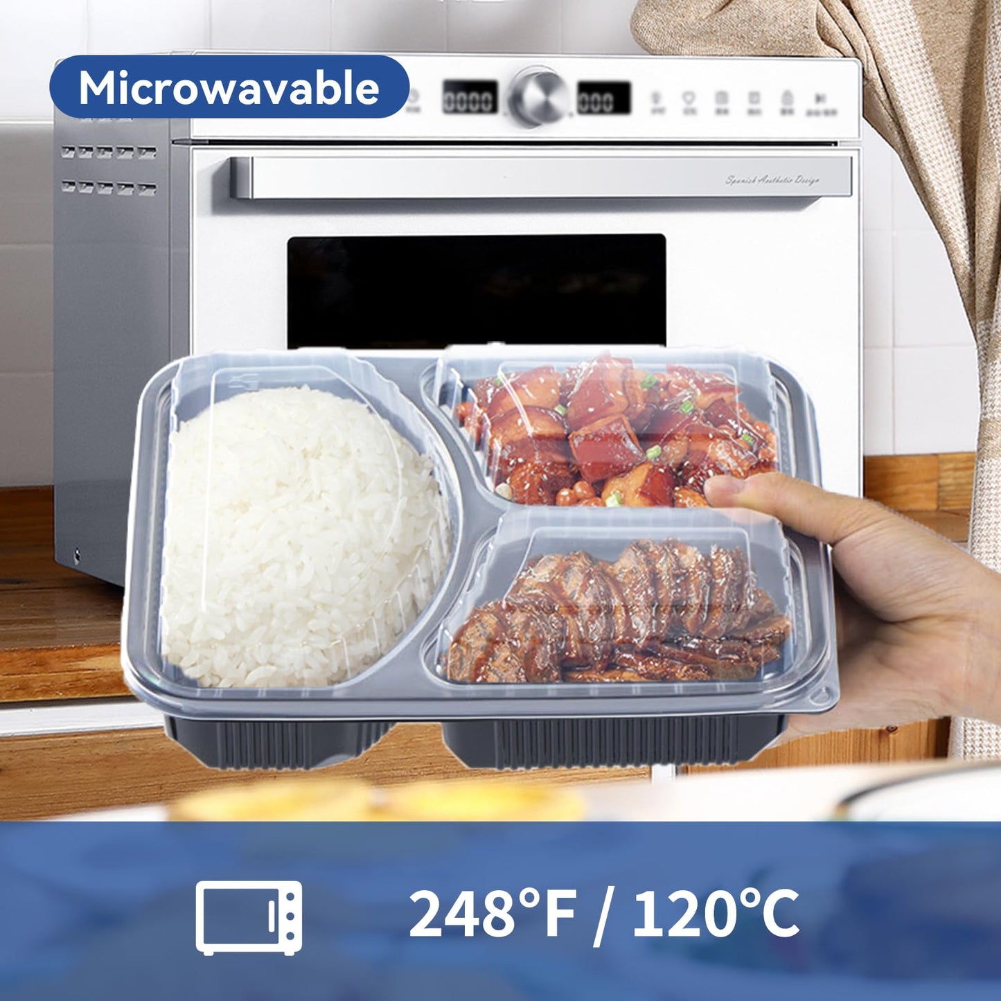 EKOSAVOR Take Out Containers 38 oz 40 Pack - Shrink Wrapped 3 Compartment Leakproof Catering | BPA Free PP Plastic Microwave & Freezer Safe | Flexible Reusable Commercial Black Lunch Boxes with Lid