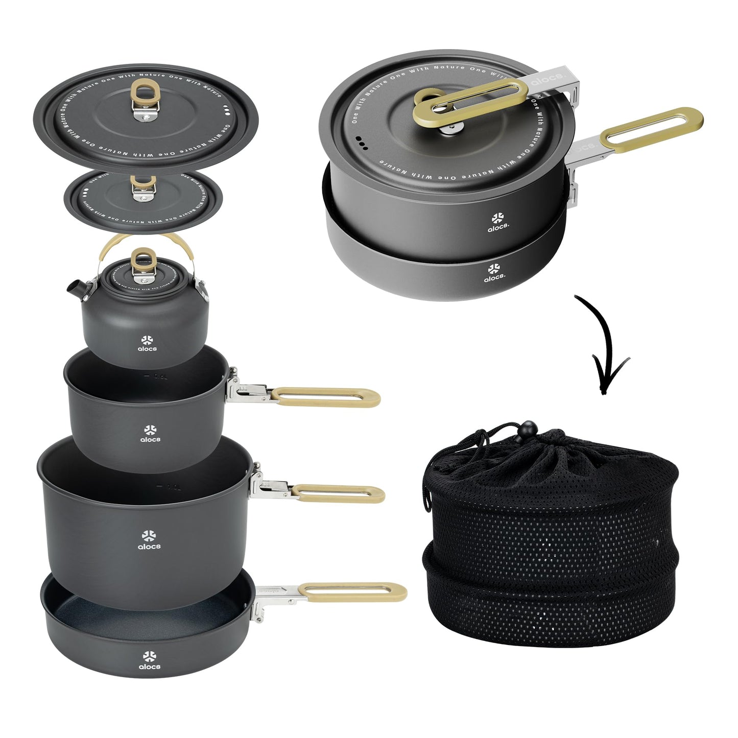 Alocs Camping Cookware, Portable Non-Stick Camping Pan Set with Enhanced Handle, Ideal for Outdoor Kitchen, Picnic, Hiking and Fishing