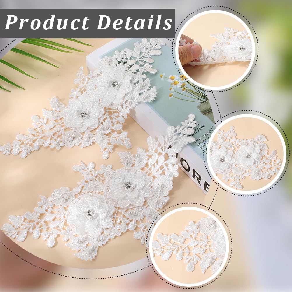CABODYALS 4Pcs Beaded Lace Appliques White Pearl 3D Flower Crystal Applique Polyester Embroidery Floral Rhinestone Sew on Patches for Sewing Making Dresses Clothes Wedding Gown Headpiece DIY Supply