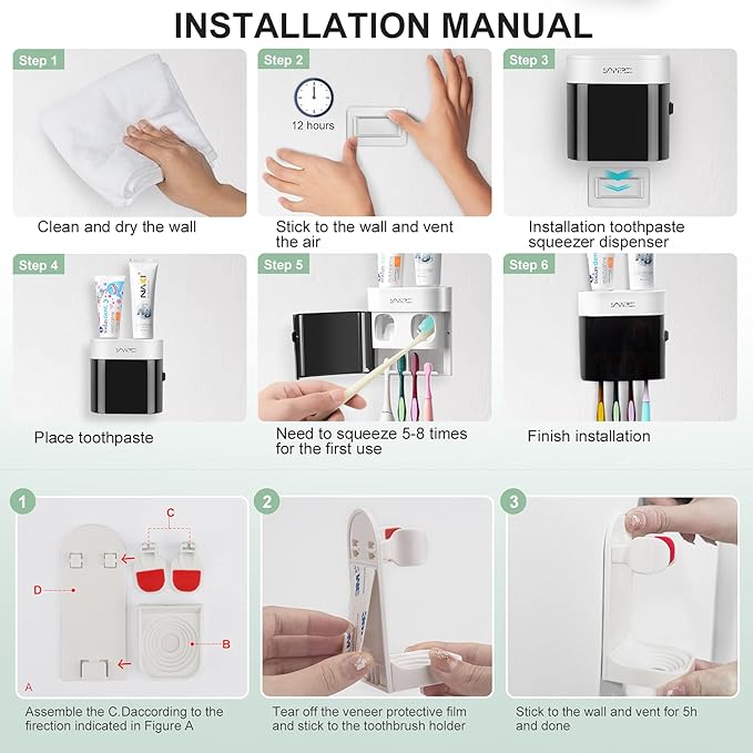Boperzi 2 Pack Electric Toothbrush Stander and Toothbrush Holder Wall Mounted Automatic Toothpaste Dispenser Dustproof Cover Toothbrush Holder for Shower Bathroom Set Kids Family(Black+2 Pack)