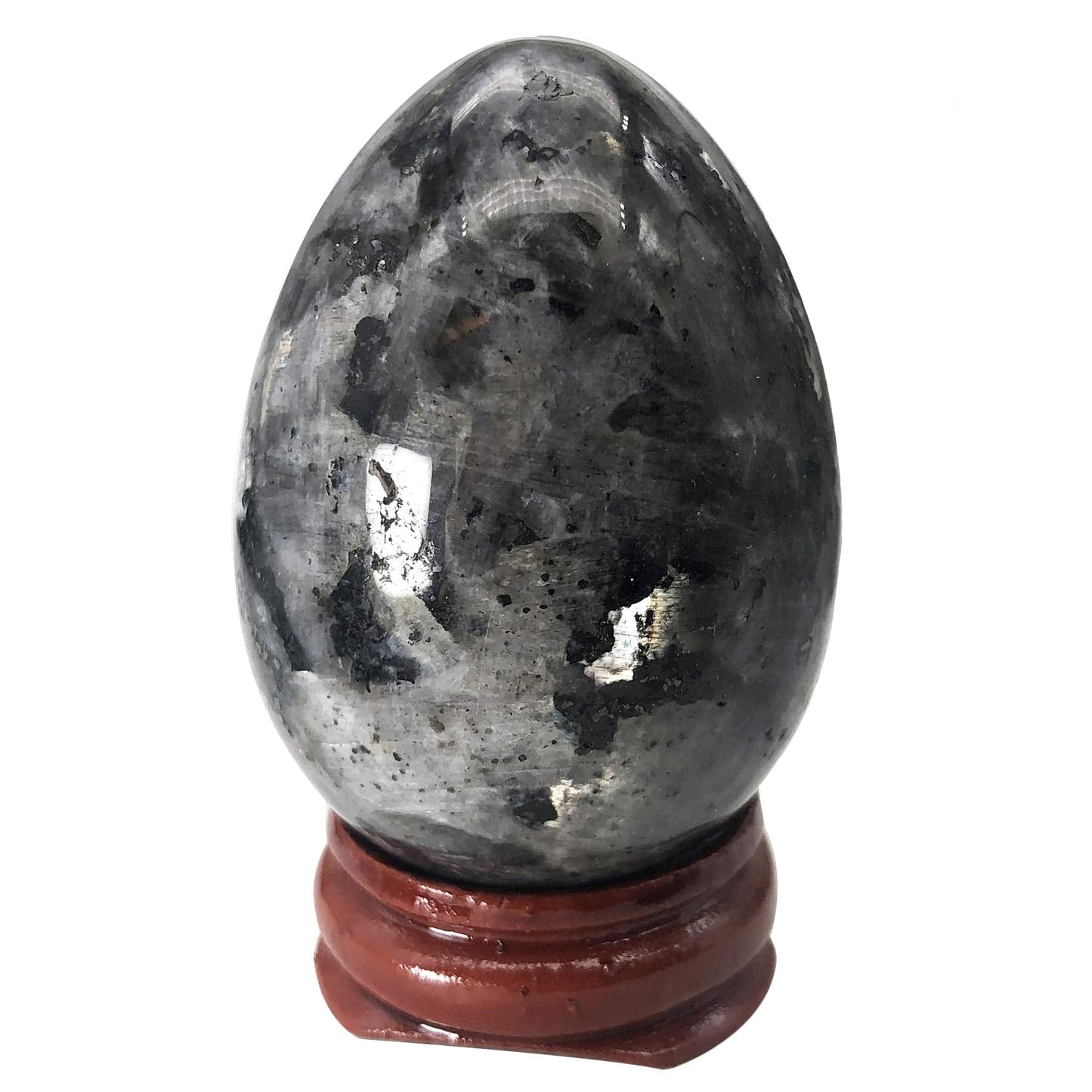 Fekuar Stone Egg Figurine, Polished Healing Crystal Easter Eggs Sphere Sculpture with Wood Stand, Natural Black Labradorite, 1.8"