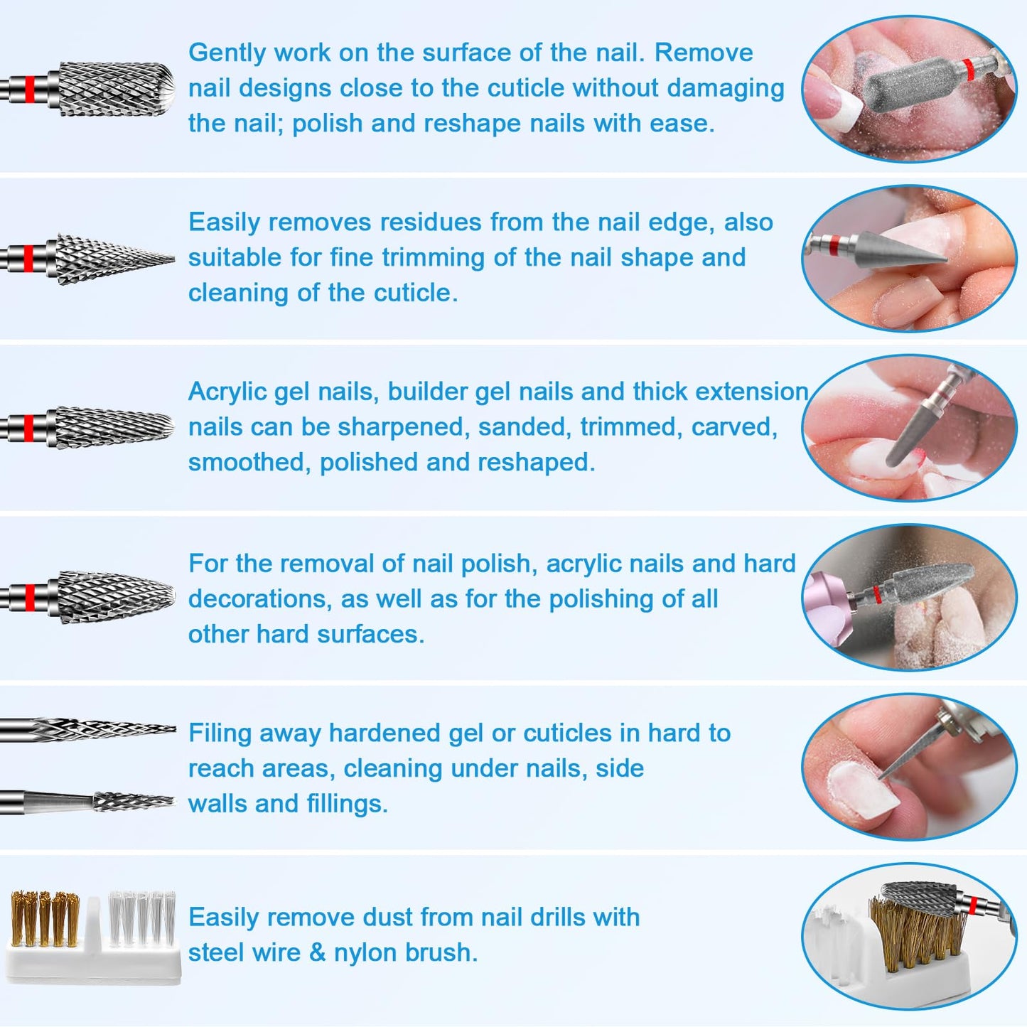 Diesisa 6 Pack Nail Drill Bits for Acrylic Nails, 3/32"" Shank Drill Bits for Nails, Professional Electric Cuticle Bit for Nail Drill, Cuticle Cleaner Nail Gel Polish Remover Tool for Home Salon-Red