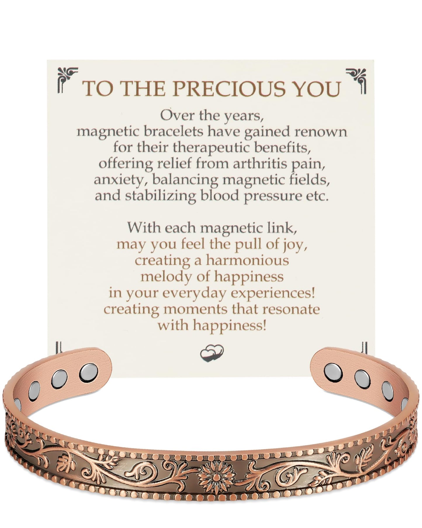 Feraco Pure Copper Bracelets for Women, 12X Enhanced Strength Magnetic Cuff Bangle for Women, 3800 Gauss Neodymium Magnets, Adjustable (Daisy)