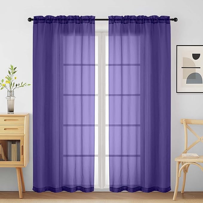 Purple Sheer Curtains for Window 72 inches Long 2 Panels Set, Soft Airy Modern Light Filtering Sheer Curtains for Living Room Bedroom, Dual Rod Pocket Solid Window Drapes, 2x42Wx72L inches
