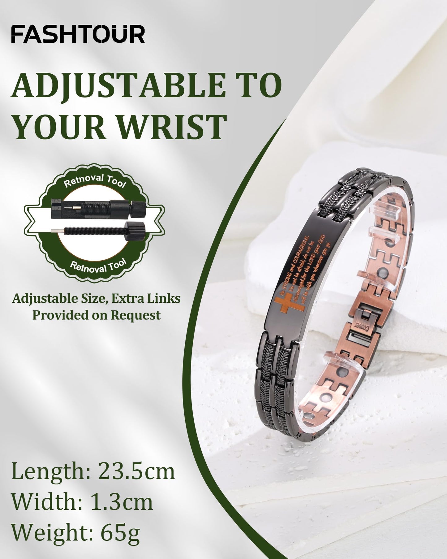 Fashtour Copper Cross Bracelet for Men, Ultra Strength Magnetic Jewelry, Rice-Ear Design Adjustable Copper Biblical Cross Bracelet with Sizing Tool & Box (Black-Joshua 1:9)