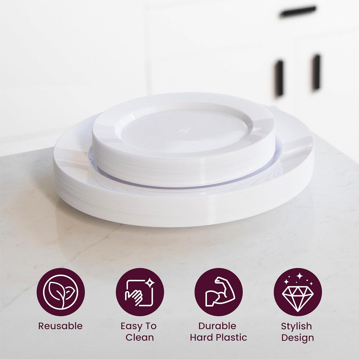 Pack of 60 White Plastic Plates - Aya's Heavy Duty Disposable Set of 30 Dinner and 30 Salad Plates - Durable Round Plastic Dinnerware Set for Parties and Events