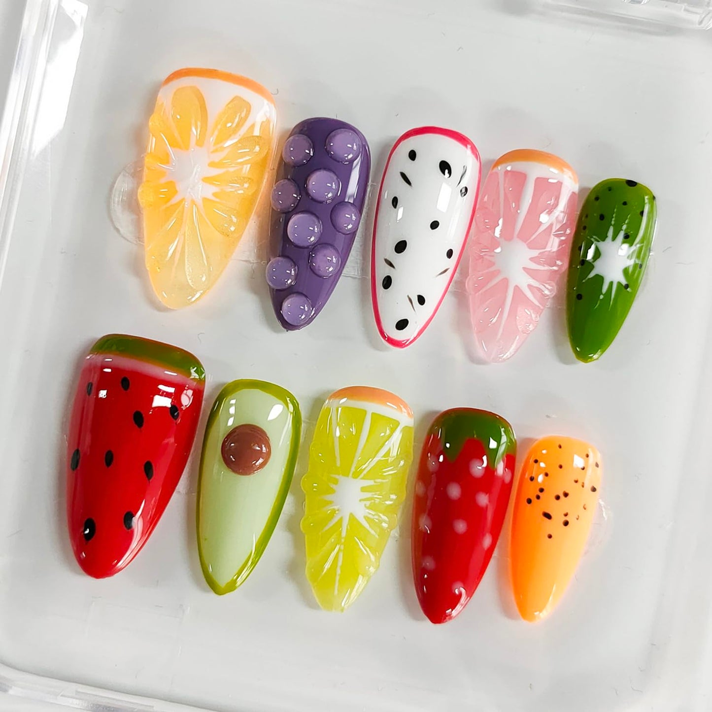 Handmade Nails 3D Fruit Almond Press on Nails Medium Length Cute Thick Acrylic Fake Nails Summer False Nails with Strawberry Kiwi Designs Colorful Nail Art Press on Nails 10Pcs(M)