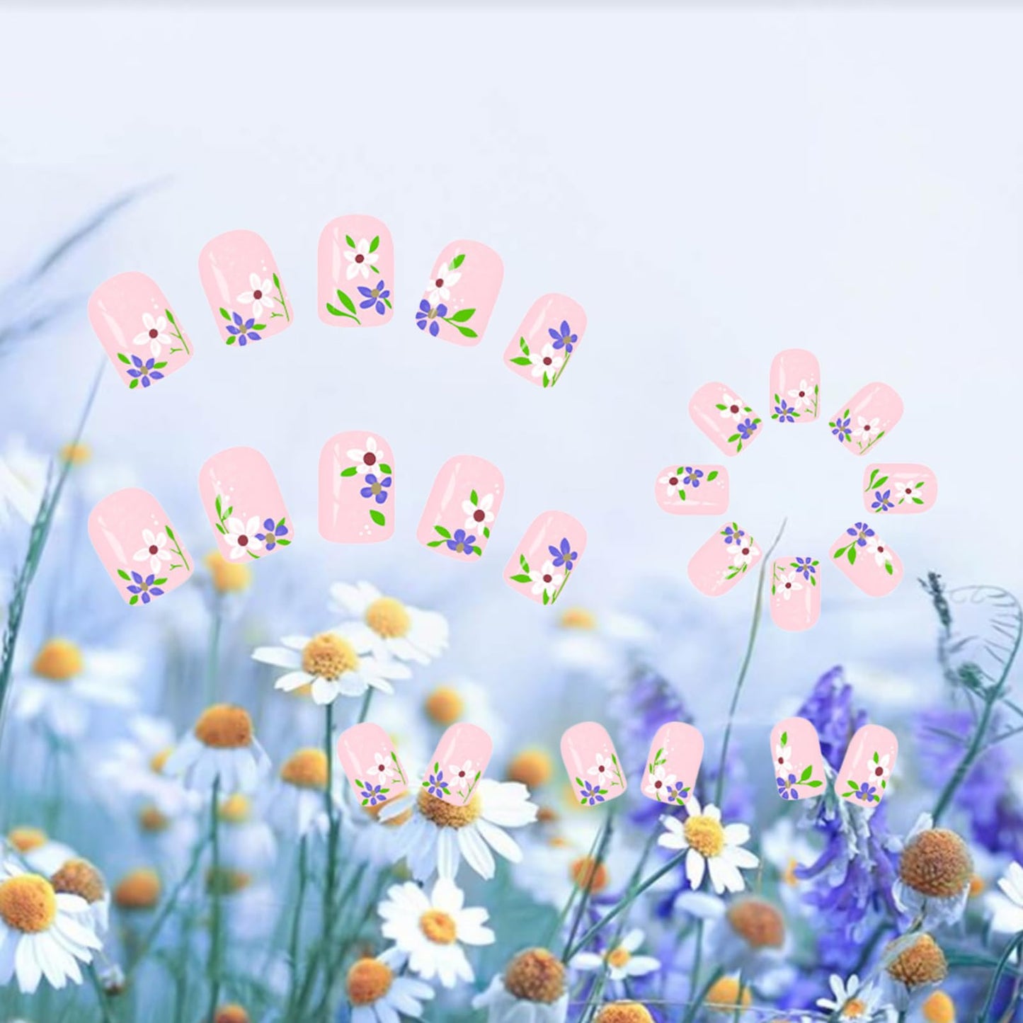 24 Pcs Glossy White Polka Dots Glue on Artificial Fingernails Green Leaf Press on Nails Flower Acrylic False Nail Wild Flower Stick on Nail HZJXRT Short Square Fake Nails for Coquette Women Gift
