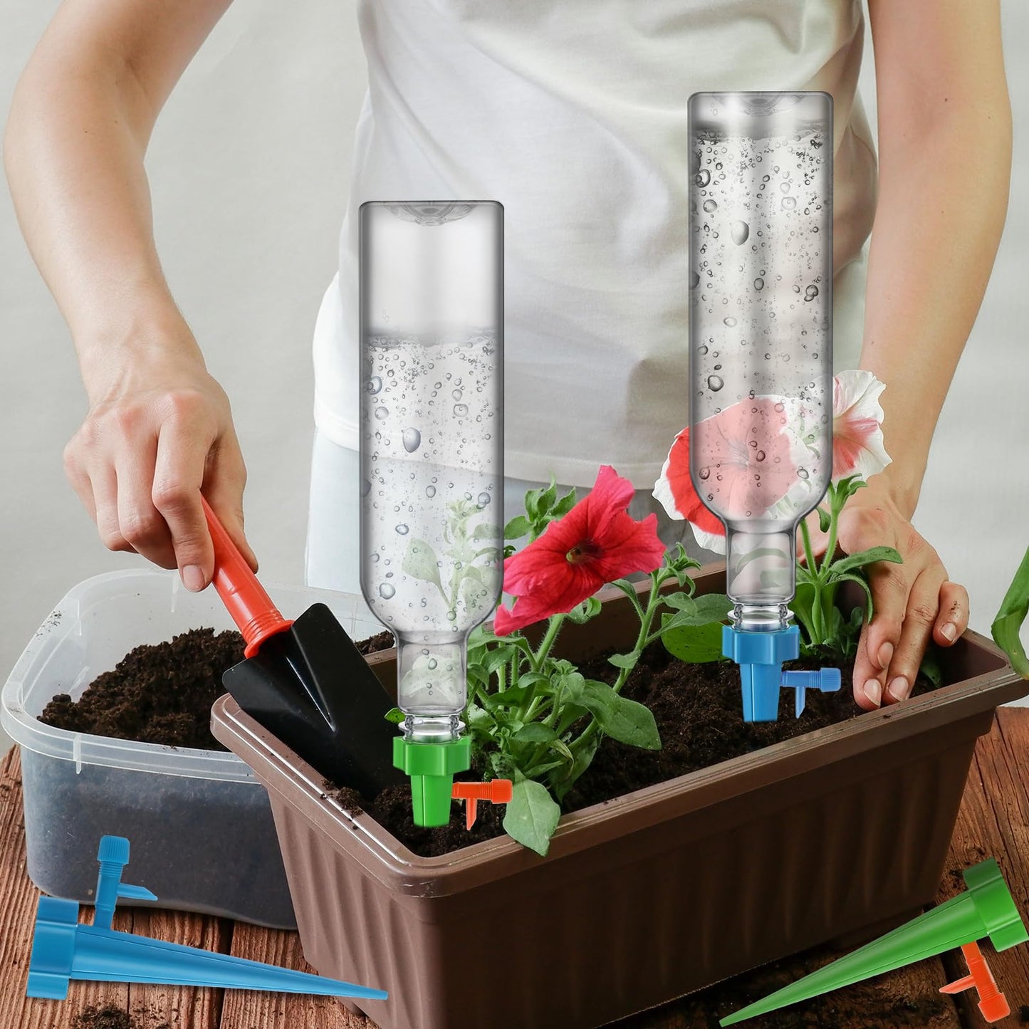 SiliFine 8 Set Plant Watering Devices with Self Watering Spikes and 26 oz Plastic Bottles Plant Waterer Devices with Adjustable Control Valve Switch Indoor Outdoor (Clear)