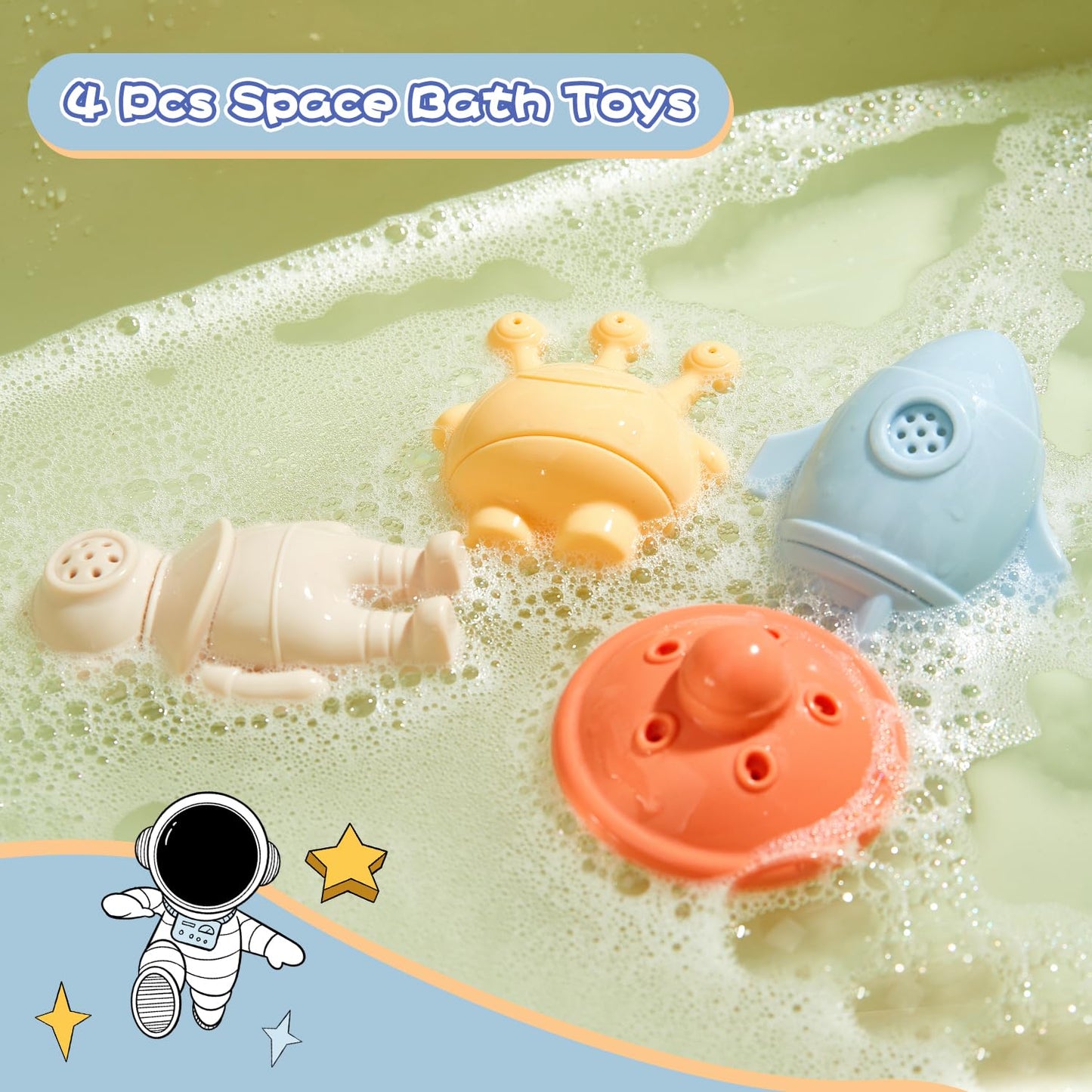 AMCHSURI Bath Toys, Space & Rocket 4 Pack | Dishwasher-Safe & Mold Free Silicone Bath Toys | Soft, Squeezable & Float on Water | Soft & Easy-Grip Baby & Toddler Bath Toy Set | Baby Pool Toys