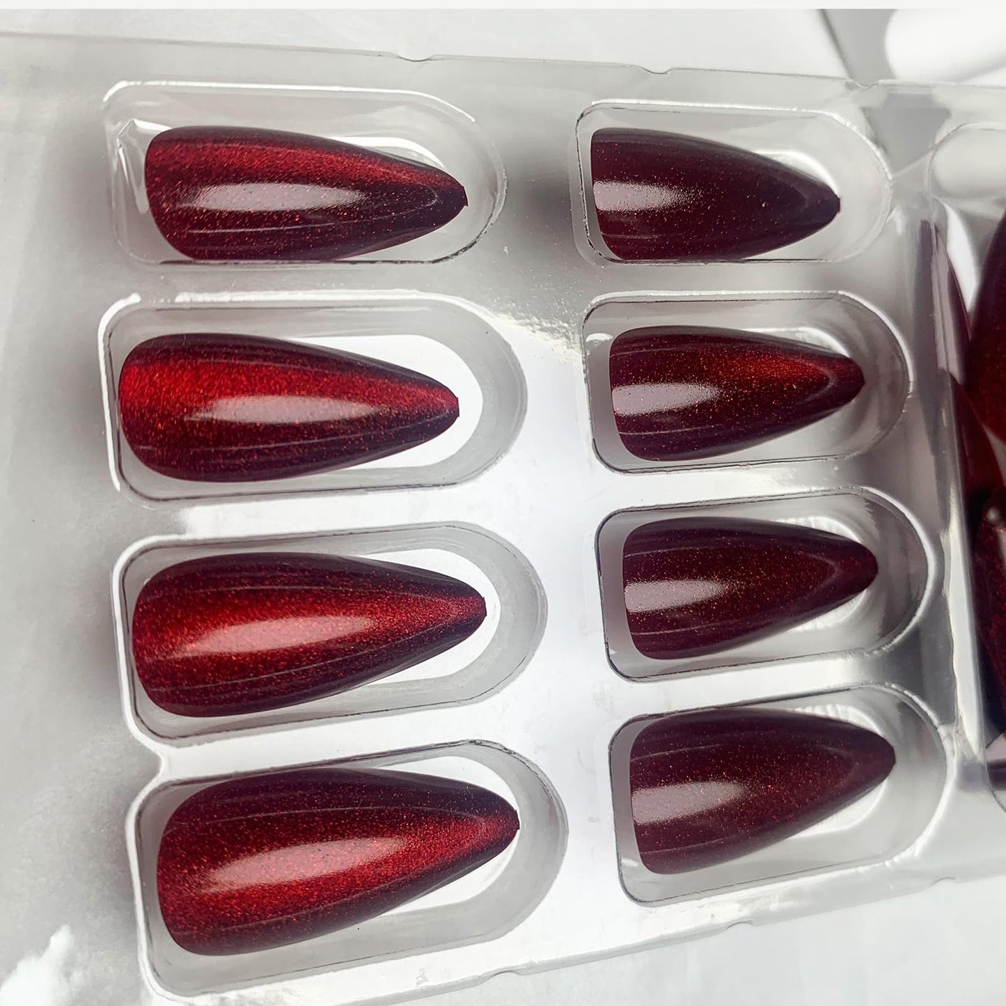 TOGZOM Red Almond Press on Nails Medium Cat Eye Fake Nails Glossy Shiny Acrylic Nails Ombre Glue on Nails Stiletto Artificial False Nails Wine Red Stick on Nails for Women Manicure 24Pcs, Style1