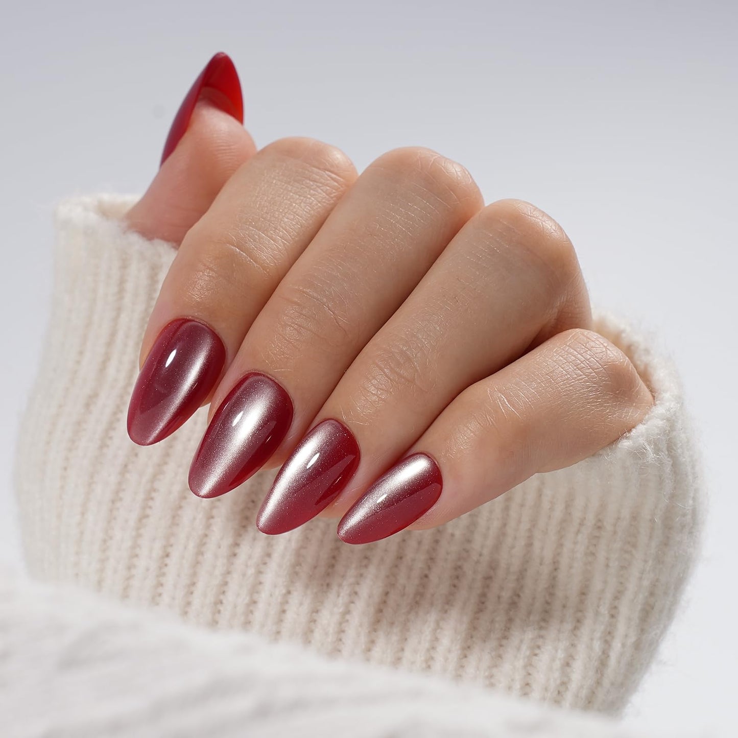 Red Cat Eye Press on Nails Short Almond - Wine Red Press on Nails, Reusable Glossy Nails Press ons for Women, Fake Nails Kit with Glue, 32 Pieces in 16 Sizes