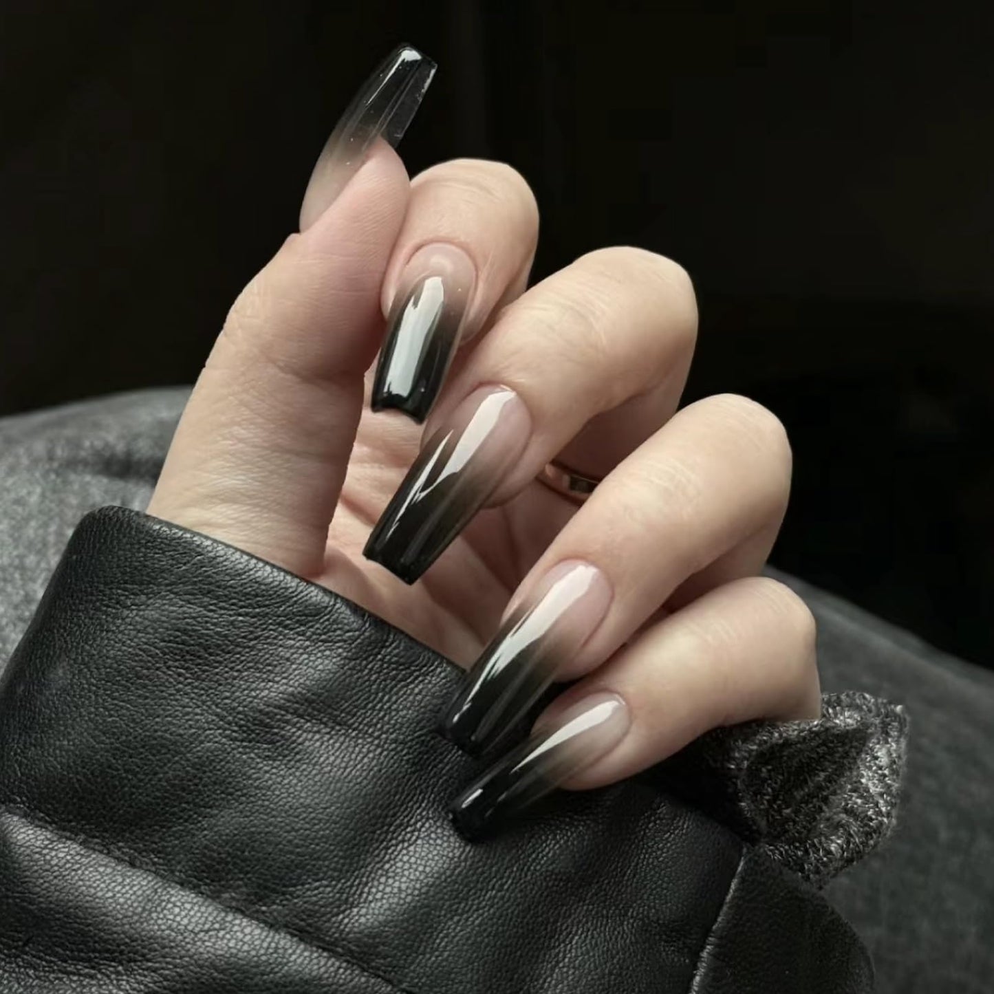 MISUD Press on Nails - Long Coffin Glue on Nails with Goth Black, Acrylic Gothic Ombre Design 24 pcs
