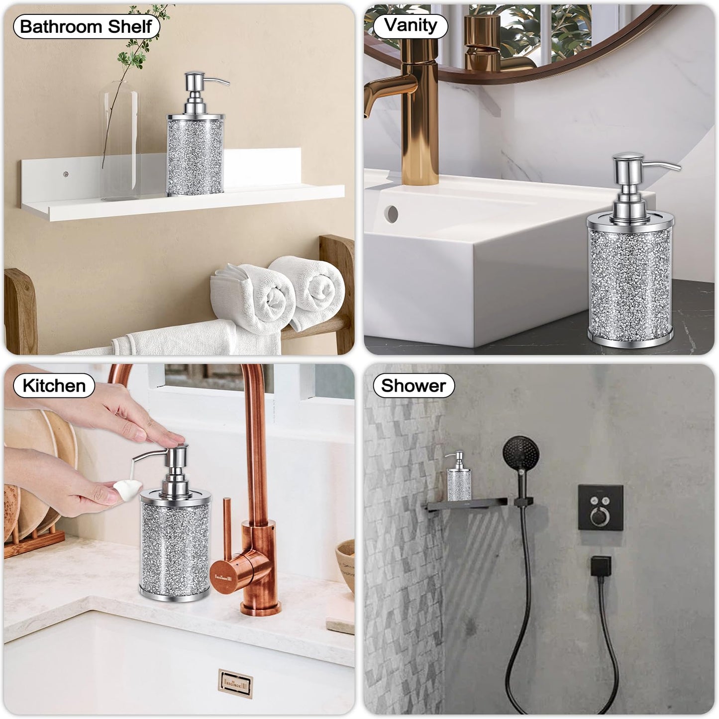 Sumnacon Soap Dispenser Bathroom Sparkling Hand Dispenser with Stainless Pump,Silver Crushed Diamond Dish Soap Dispenser for Kitchen Decorative Soap Dispensers for Kichen Sink Bathroom Countertop
