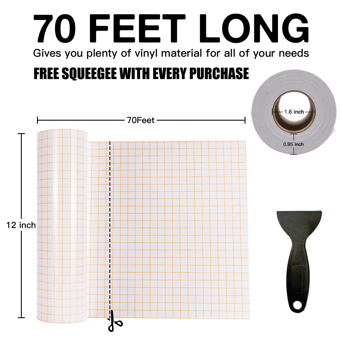 Transfer Tape for Vinyl - 12" x 70 FT w/Orange Alignment Grid for Adhesive Vinyl - Medium Tack Vinyl Transfer Tape for Silhouette Cameo, Decals, Signs, Windows and Stickers