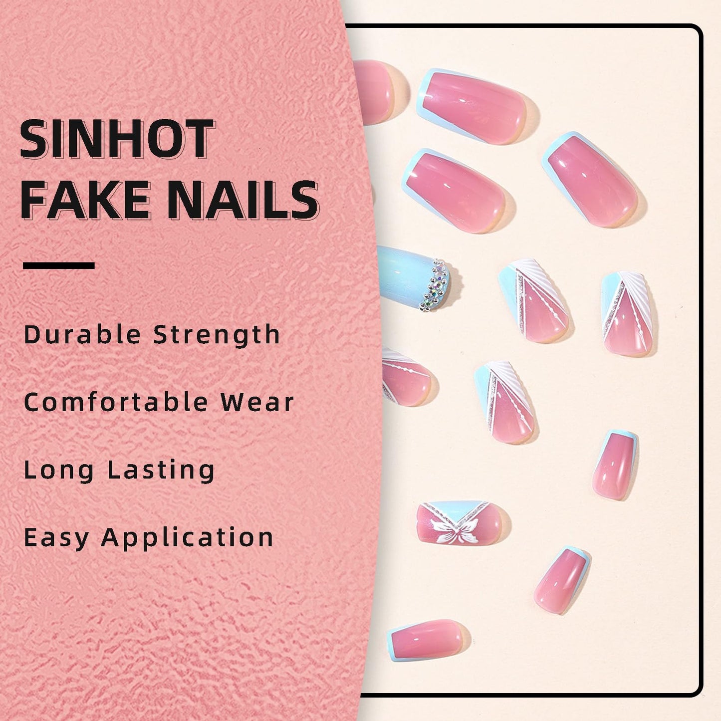 SINHOT Square Press on Nails - Short Fake Nails, Glossy Finish, White Butterfly & Rhinestones, DIY Artificial False Nail Art - 24 Pcs Nail Kit with Glue