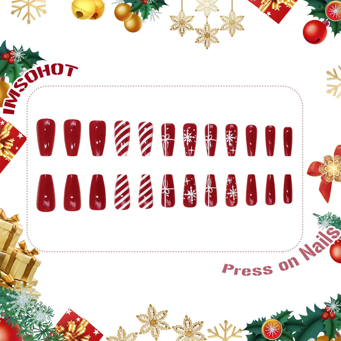 IMSOHOT Press on Nails Long Coffin Fake Nails with White Snowflake Designs Red False Nails Acrylic Full Cover Stick on Nail for Women 24Pcs