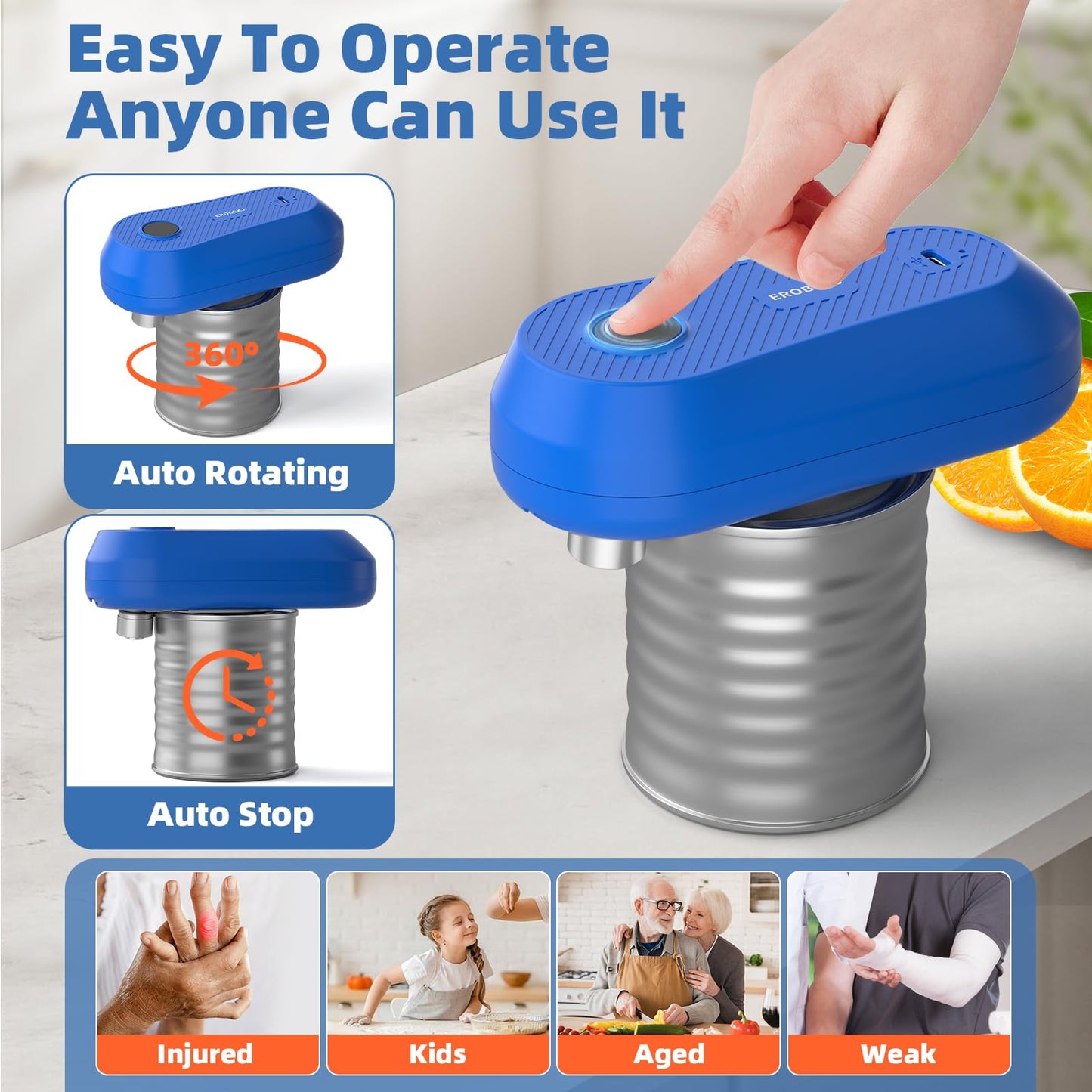EROBSKJ Auto Electric Can Opener, Rechargeable Can Openers for Seniors & Arthritis, One-Touch Automatic Can Opener, Hands-Free, Smooth Edge, Compact,Small - Auto Stop，Blue