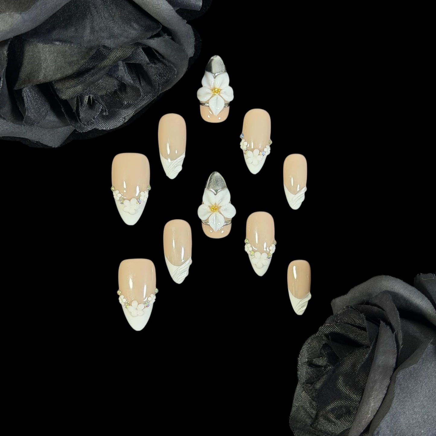 Handcrafted Press on Nails, Medium Almond Shape, 3D Flower Elegant Nude White French Tip with Rhinestone, Reusable Acrylic False Nails Classic French (L)