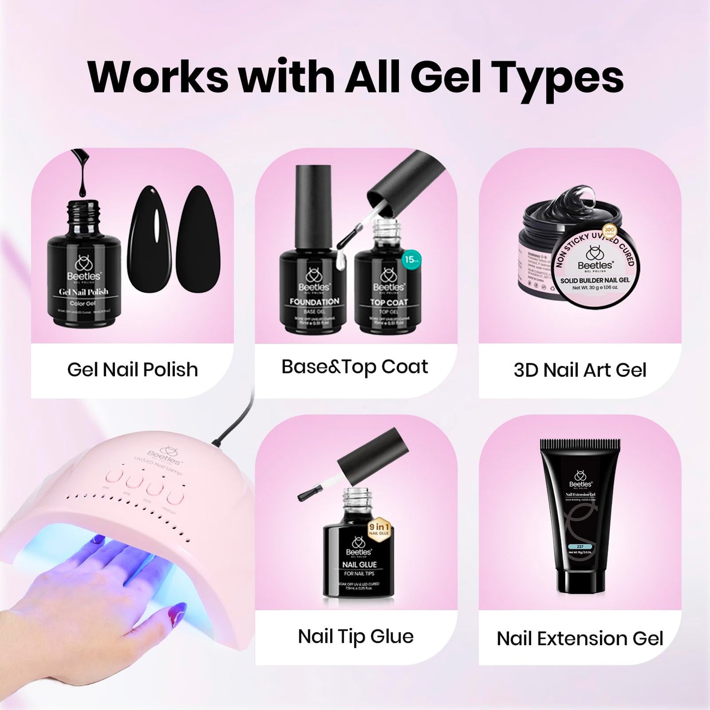 Beetles UV Nail Lamp - LED Nail Lamp with 3 Timer 30/60/120s UV Light for Gel Nails Smart Sensor Nails Dryer for Fast Curing Gel Polish Top Coat and Base Coat, DIY Salon Manicure Art Tools, Pink