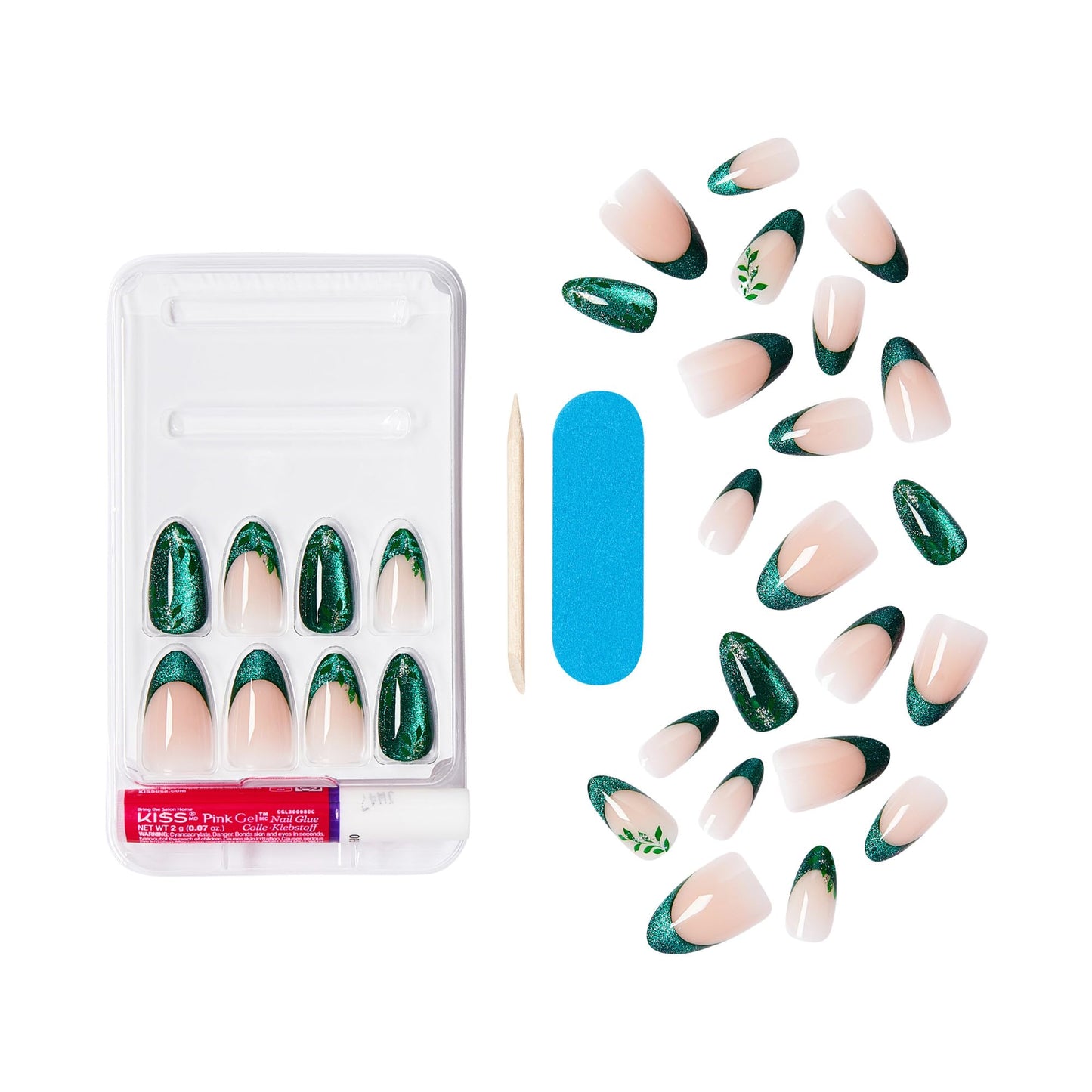 KISS X WICKED: FOR GOOD Press On Nails Almond, ‘Dreams Take Flight’, Green, Medium, Waterproof, Chip Proof, Smudge Proof, 28 Fake Nails, Pink Gel Nail Glue (2g), Mini Nail File, & Manicure Stick